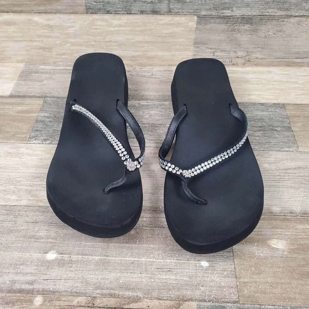 Yellow Box Jello Womens Flip Flops Sz 10 M Black Rhinestone Slip-On Sandals - Picture 2 of 12